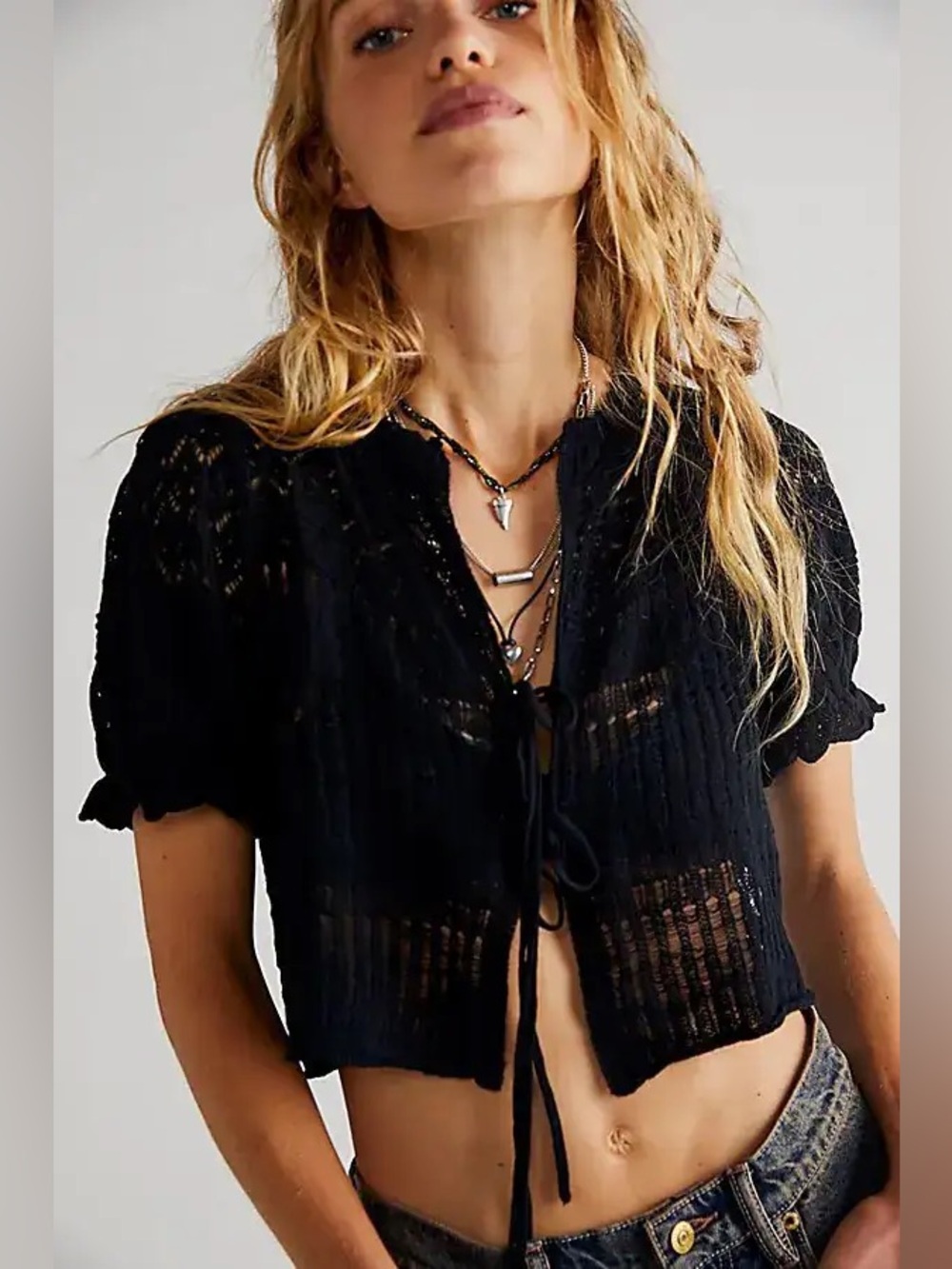Free People Lucie Crochet Crop Cardigan Sweater Size XS Black Cottagecore Boho